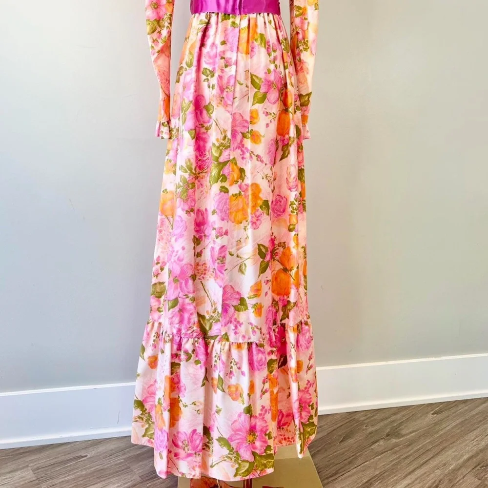 Vintage 1960s / 1970s Maxi Dress Watercolor Floral Pink Spring 60s 70s Flower - Picture 5 of 8